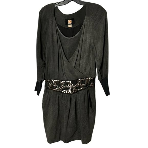 Vtg BOSS ORANGE goth metallic,mesh,chains,faux wrap,surplice,dress,flaw pinhole - Picture 1 of 16